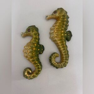 Sea Horse Tropical Wall Art Paper Mache Nautical Sea life Green Yellow Set Of 2